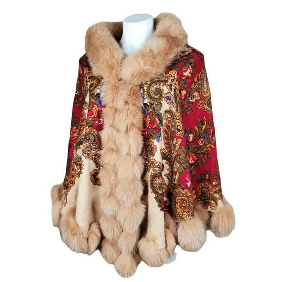 Giorgio Italy Jackets & Blazers - Vintage Cape Giorgio Italy Fur Trim Floral Paisley Leopard Print